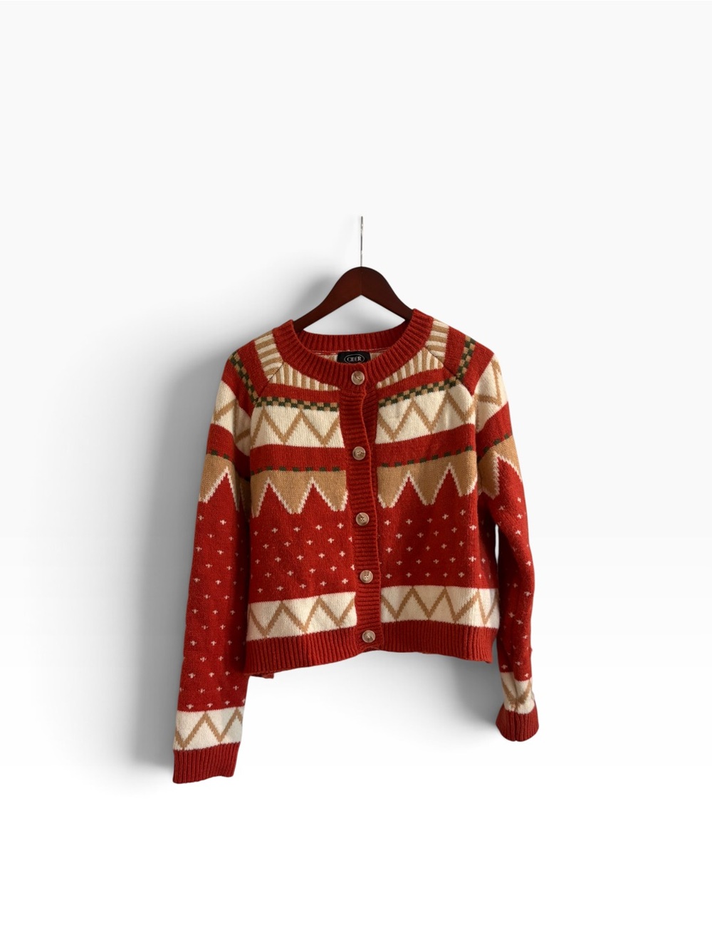 CIDER Cardigan Sweater Red Cream Geometric Knit Size M